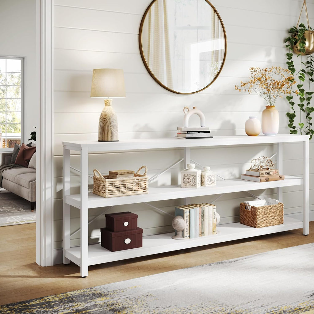 Tribesigns 70.9-Inch Extra Long Console Table, 3-Tier Industrial Sofa Table with Metal Frame, Modern Behind Couch Table with Storage Shelves for Living Room Entryway Hallway Foyer (White)