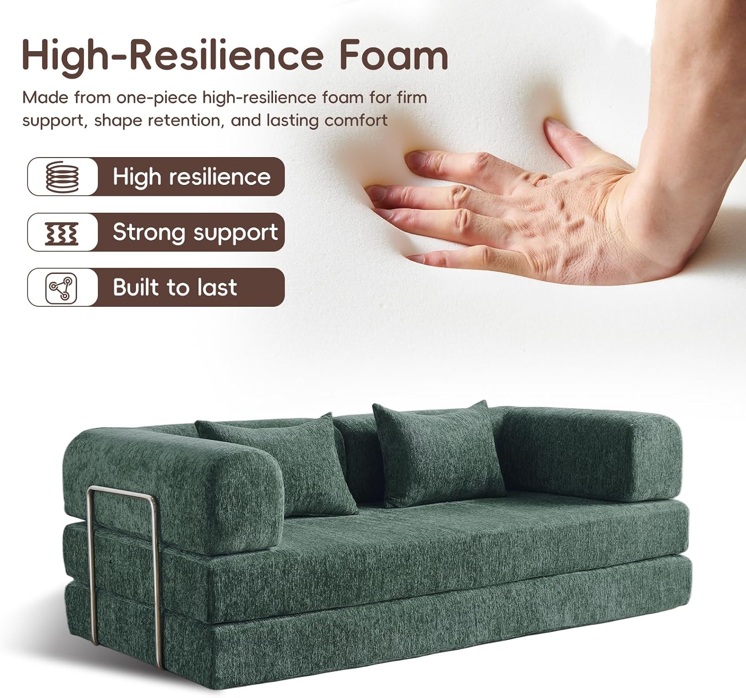 5-in-1 Convertible Folding Sofa Bed, 79' Queen Chenille Boneless Couch with Removable Armrests, No Assembly Loveseat Sleeper Sofa, Modular Futon Couch for Living Room & Bedroom (Emerald Green) | 5-in-1 Convertible