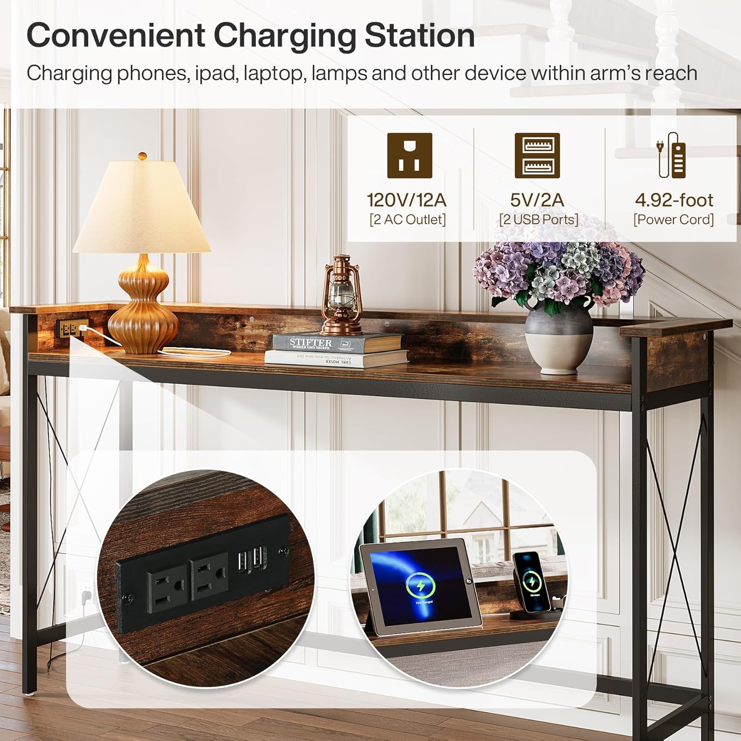 Tribesigns Sofa Table with Outlets and USB Ports, 70.9 inch Extra Long Console Table Behind Couch with Charging Station, Industrial Narrow Entryway Hallway Accent Table for Living Room