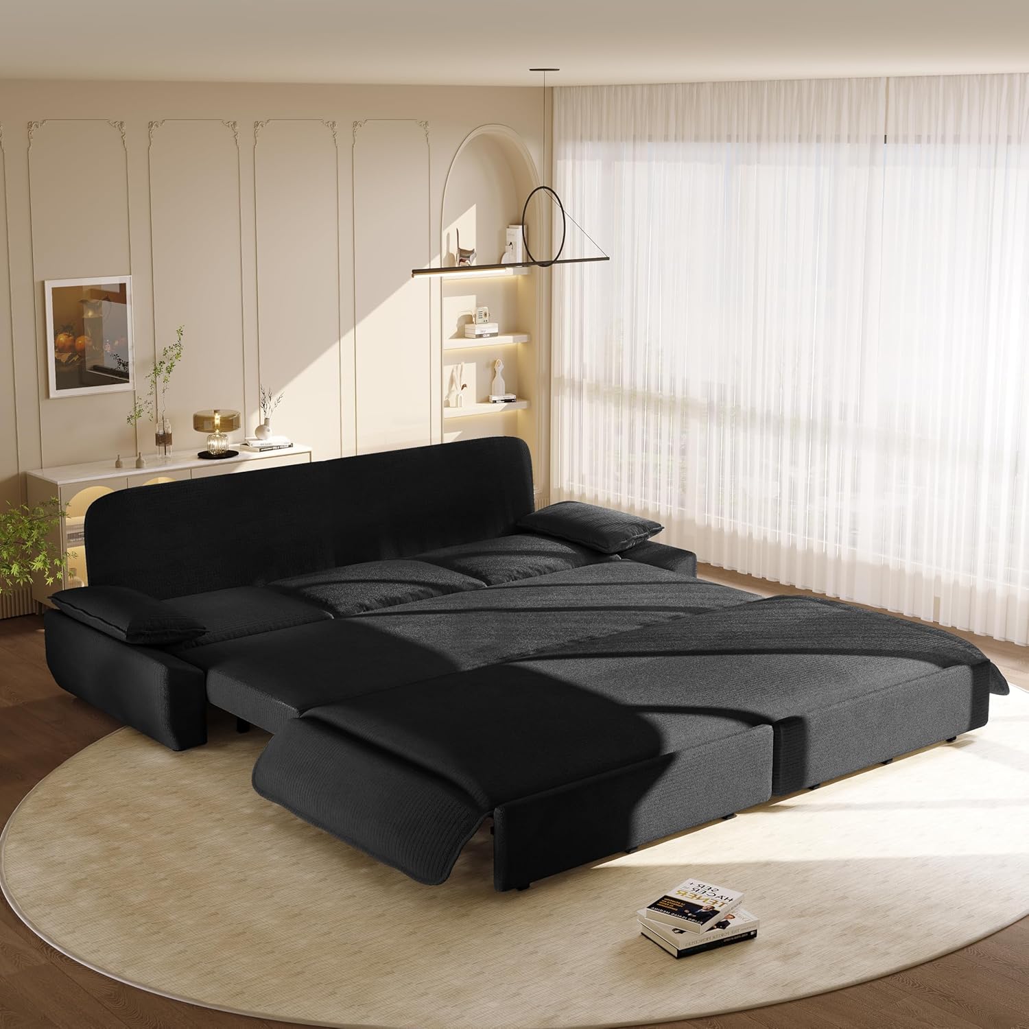 94.5'' King Size Sleeper Sofa Bed, 3-in-1 Corduroy 3-Seater Sofabed, Pull-Out Couch, Upholstered Cloud Pullout Futon, Space Saving for Living Room, Black