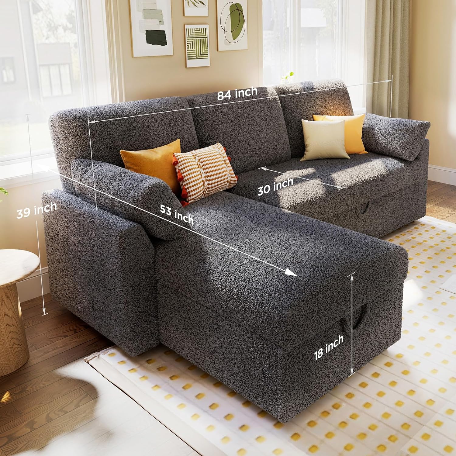 VanAcc Sofa Bed, Sleeper Sofa with Storage Chaise- 2 in 1 Pull Out Couch Living Room, Comfy Sleeper Couch, Grey Boucle