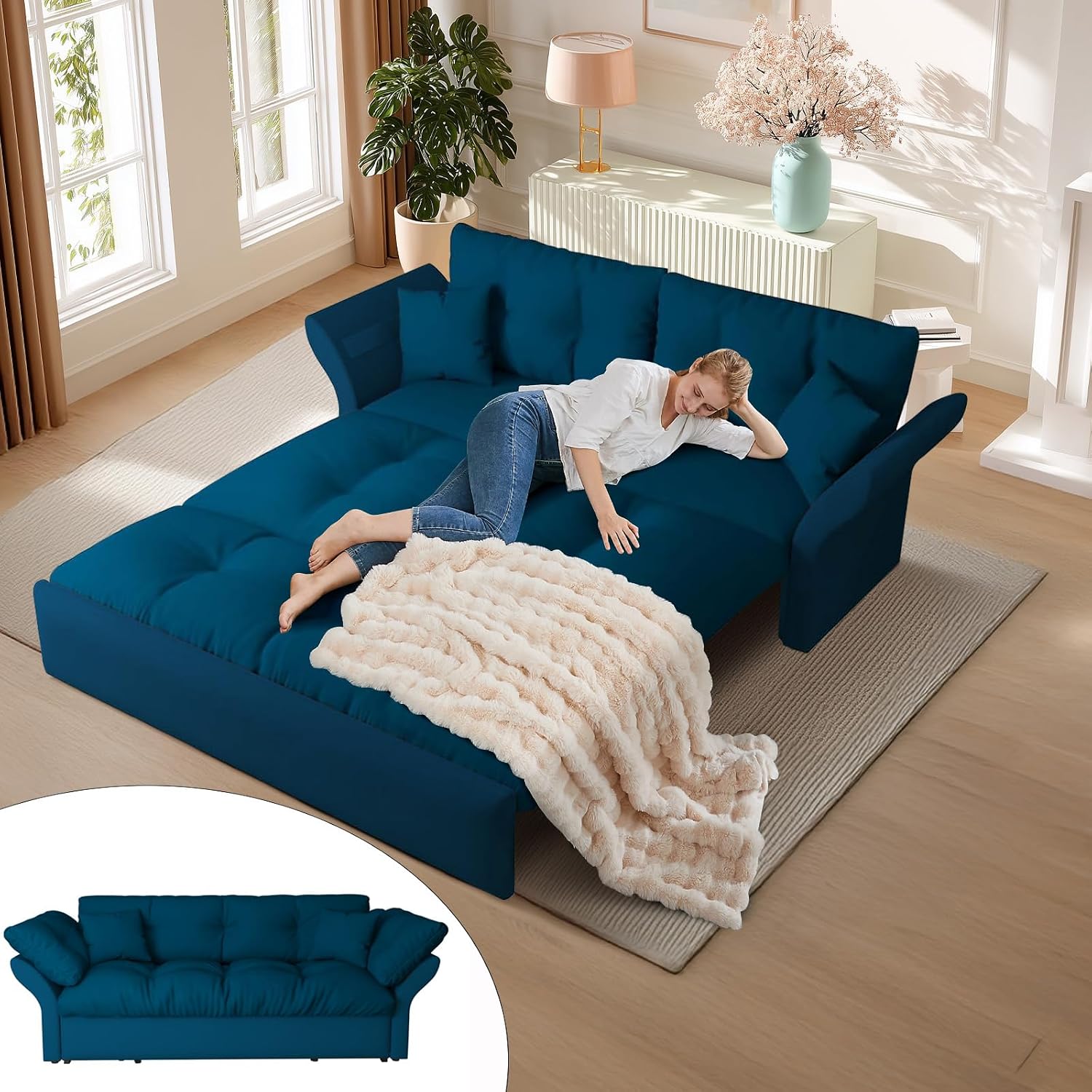 74.8' Queen Pull Out Sofa Bed, 3-in-1 Convertible Sleeper Sofa Bed, Velvet Small Loveseat for Small Spaces, Comfy Cloud Pullout Couches, Multi-Functional Couches for Living Room, Bedroom, Lounge(Blue)