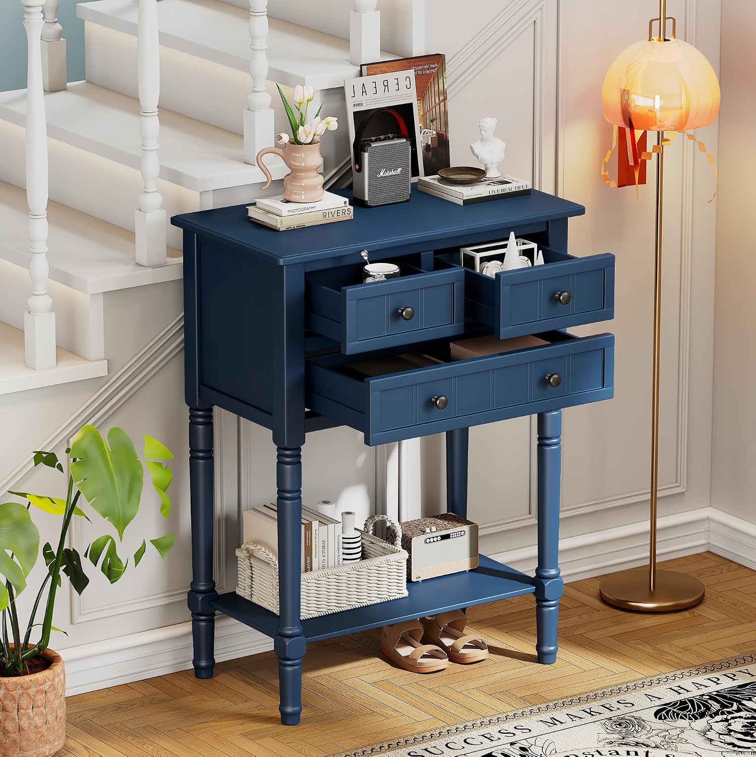 Merax Narrow Console Table, Elegant Slim Entryway Table Sofa Table with Three Storage Drawers and Bottom Shelf for Entryway for Hallway, and Living Room (Navy)