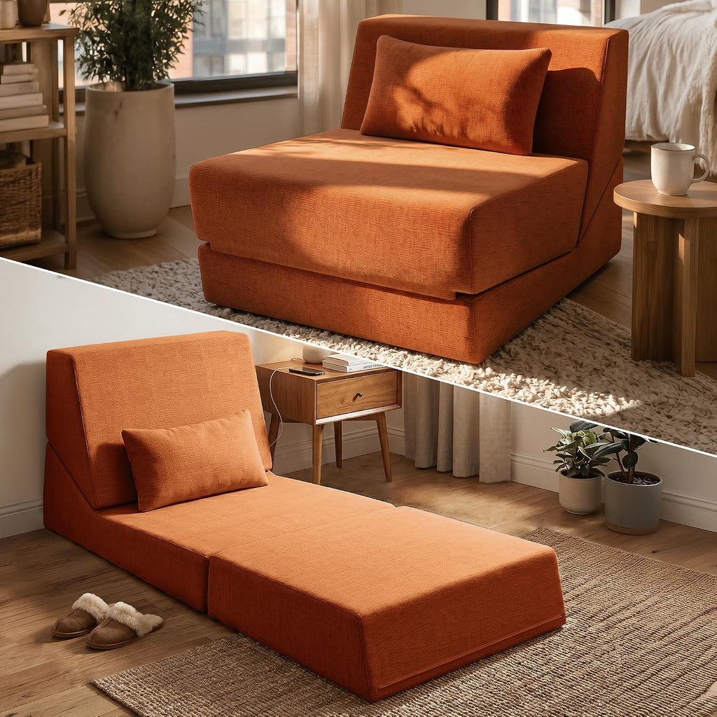Fold Out Chair Bed, Folding Sofa Bed with High-Density Support Foam, Portable 3 in 1 Convertible Chair Bed Sleeper for Adults, Versatile Floor Couch for Living Room Bedroom, Brown | Washable Cover, With pillow, Foldable Bed Chair