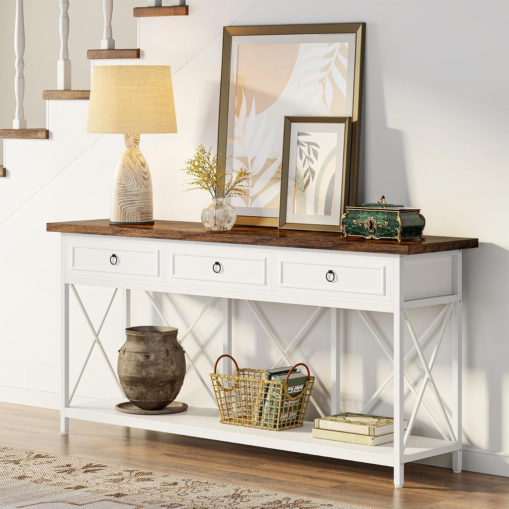 Tribesigns 70.8' Console Table with 3 Drawers, Farmhouse Entryway Table with Storage Shelf, Narrow Long Sofa Foyer Table for Entryway, Hallway (White/Brown)