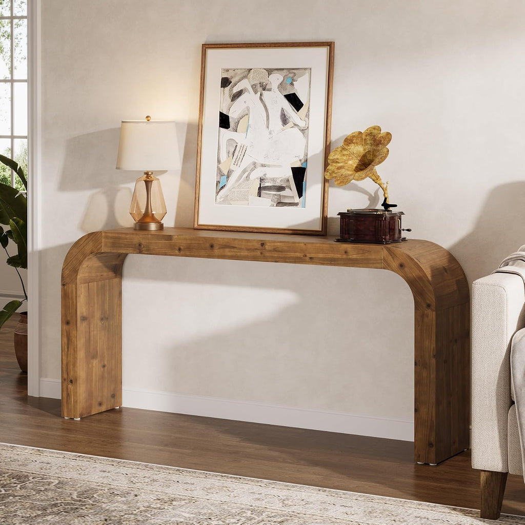 Solid Wood Console Table, 70.87-Inch Farmhouse Sofa Table with Waterfall Curved Corners for Hallway, Living Room, Behind Couch, Entrance (Natural Wood)