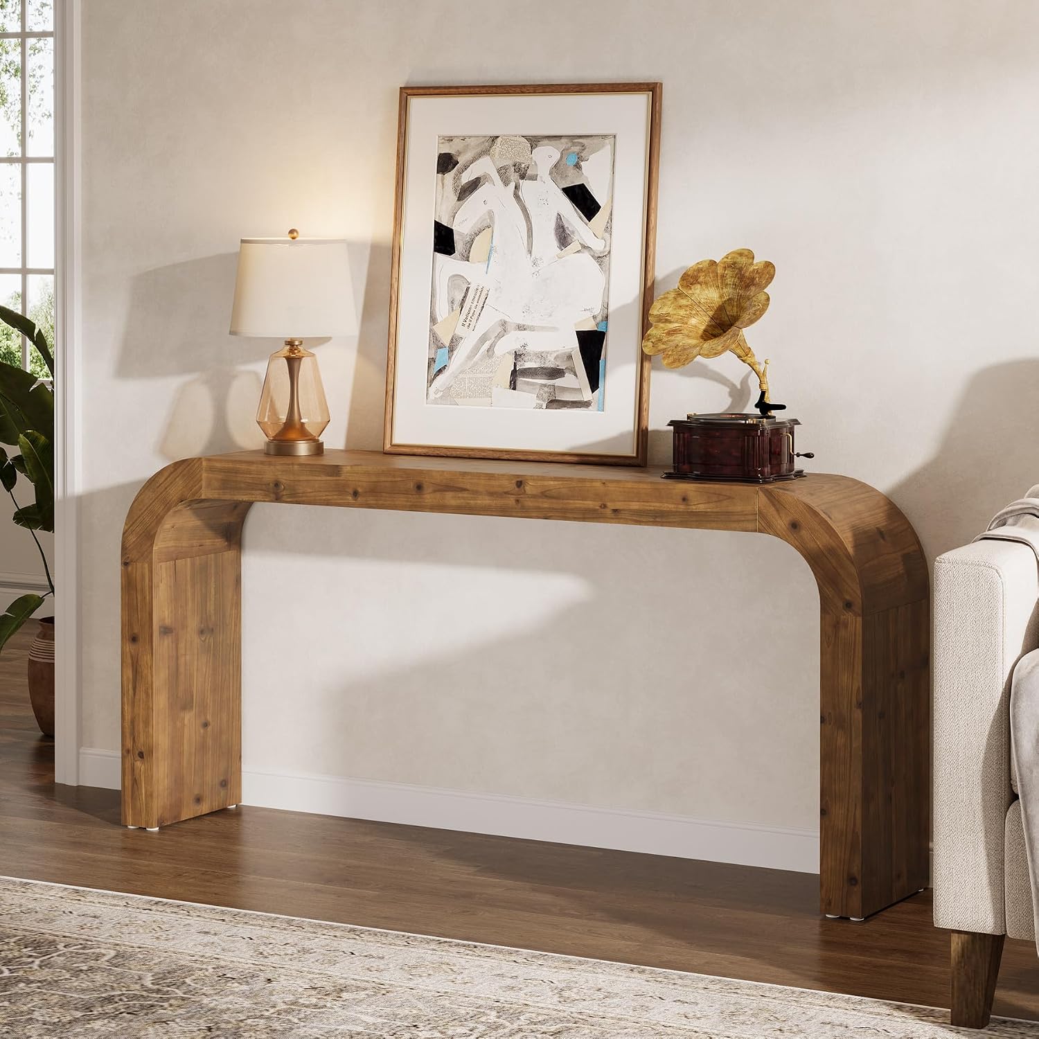 Solid Wood Console Table, 70.87-Inch Farmhouse Sofa Table with Waterfall Curved Corners for Hallway, Living Room, Behind Couch, Entrance (Natural Wood)