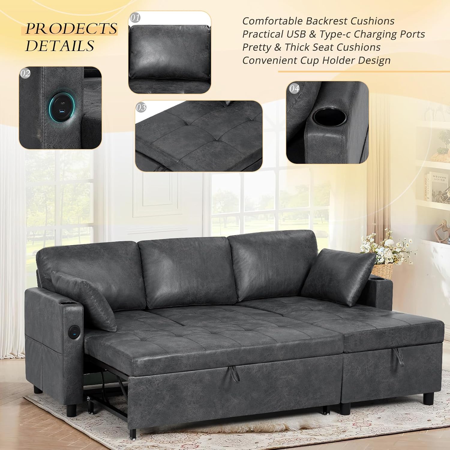 84 inches Suede Leather Sleeper Sofa w/Pull Out Bed, L-Shape Sectional Sofa Bed w/Adjustable Backrest and Storage Chaise, 3-Seats Upholstered Sofa Bed w/USB Port for Living Room, Grey