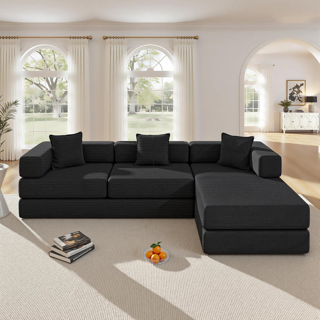 ivoros 108' Oversized Convertible Sleeper Sofa Bed, Corduroy L Shape Sectional Couch, Folding Sofa Bed with Fixed-Shape Frame, Modern Cloud Floor Mattress Couch, Modular Sofa for Living Room, Black