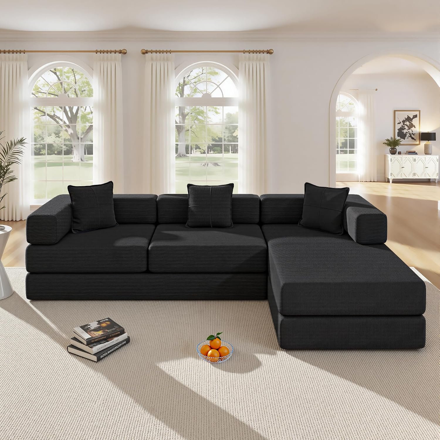 ivoros 108' Oversized Convertible Sleeper Sofa Bed, Corduroy L Shape Sectional Couch, Folding Sofa Bed with Fixed-Shape Frame, Modern Cloud Floor Mattress Couch, Modular Sofa for Living Room, Black