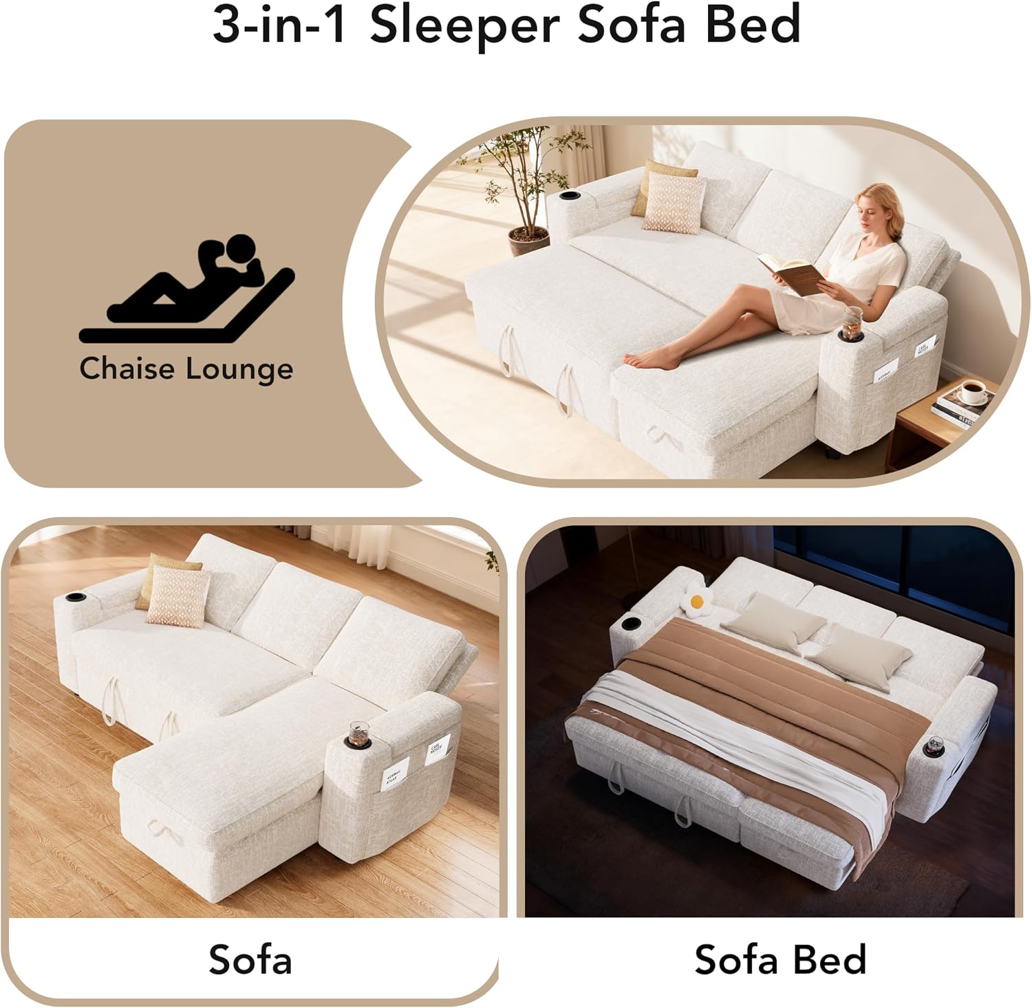 Sunny Heart L-Shaped Sleeper Sofa with Pull Out Bed, 82' Sectional Couch with Reclining Backrest, Reversible Storage Chaise, Armrest Storage, Cup Holders, and Side Pockets, Tool-Free Assembly, Beige