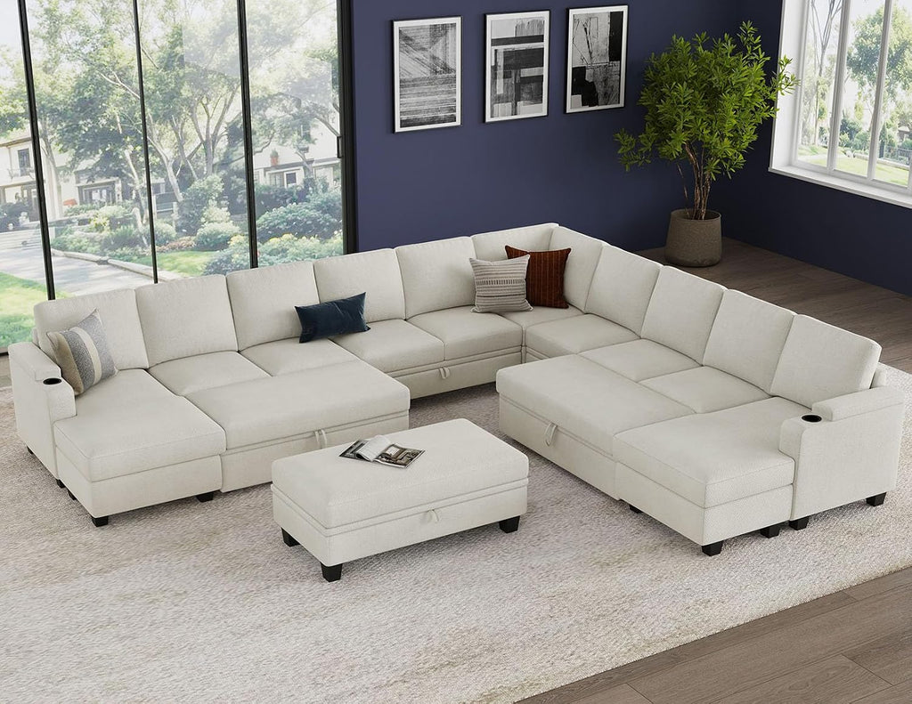 Belffin Oversized U Shaped Modular Sectional Sleeper Sofa with Large Ottoman Convertible Double Chaise Corner Couch with Pull Out Bed. White Sofa