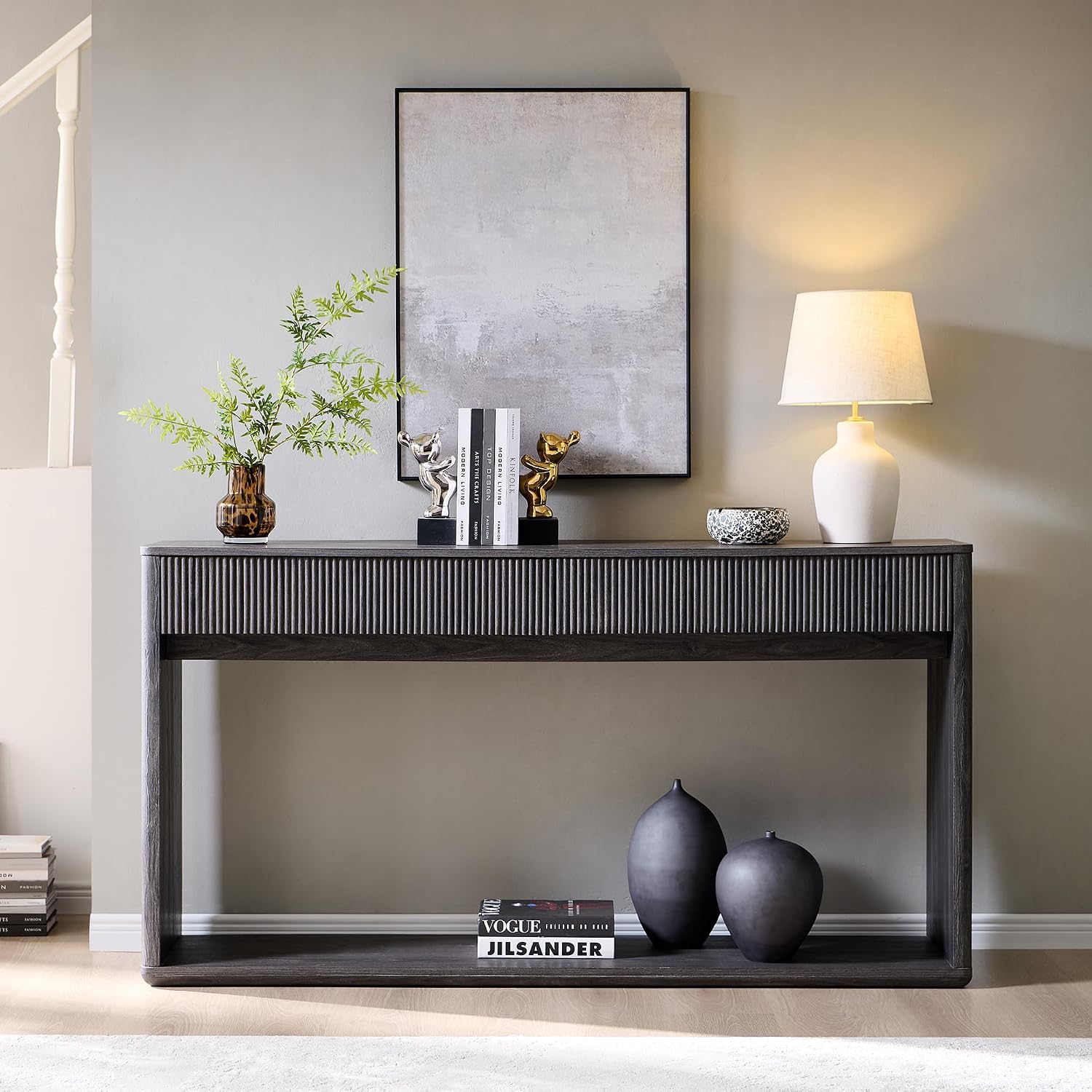 OKD 63' Fluted Console Table for Entryway, Modern Entryway Table with 2 Large Drawers, Long Sofa Table Behind Couch for Living Room, Hallway, Couch, Foyer，Dark Alder