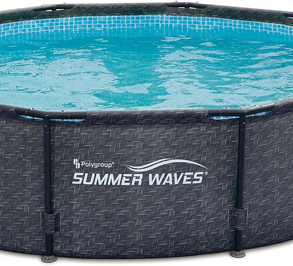Summer Waves P20010301 Active 10ft x 30in Outdoor Round Frame Above Ground Swimming Pool Set with 120V Filter Pump with GFCI, Gray Wicker