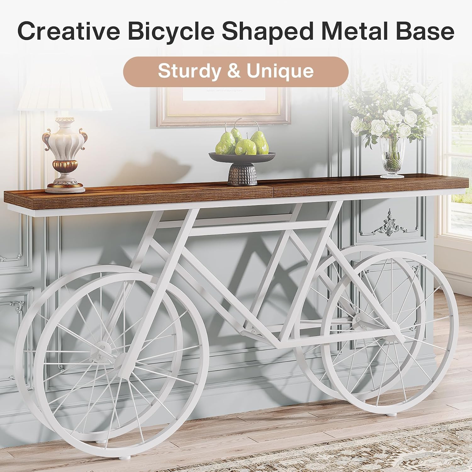Tribesigns 70.9-Inch Extra Long Console Table, Narrow Sofa Table with Bicycle Metal Base, Modern Industrial Entryway Table for Living Room, Hallway, Entrance, Foyer, Rustic Brown & White
