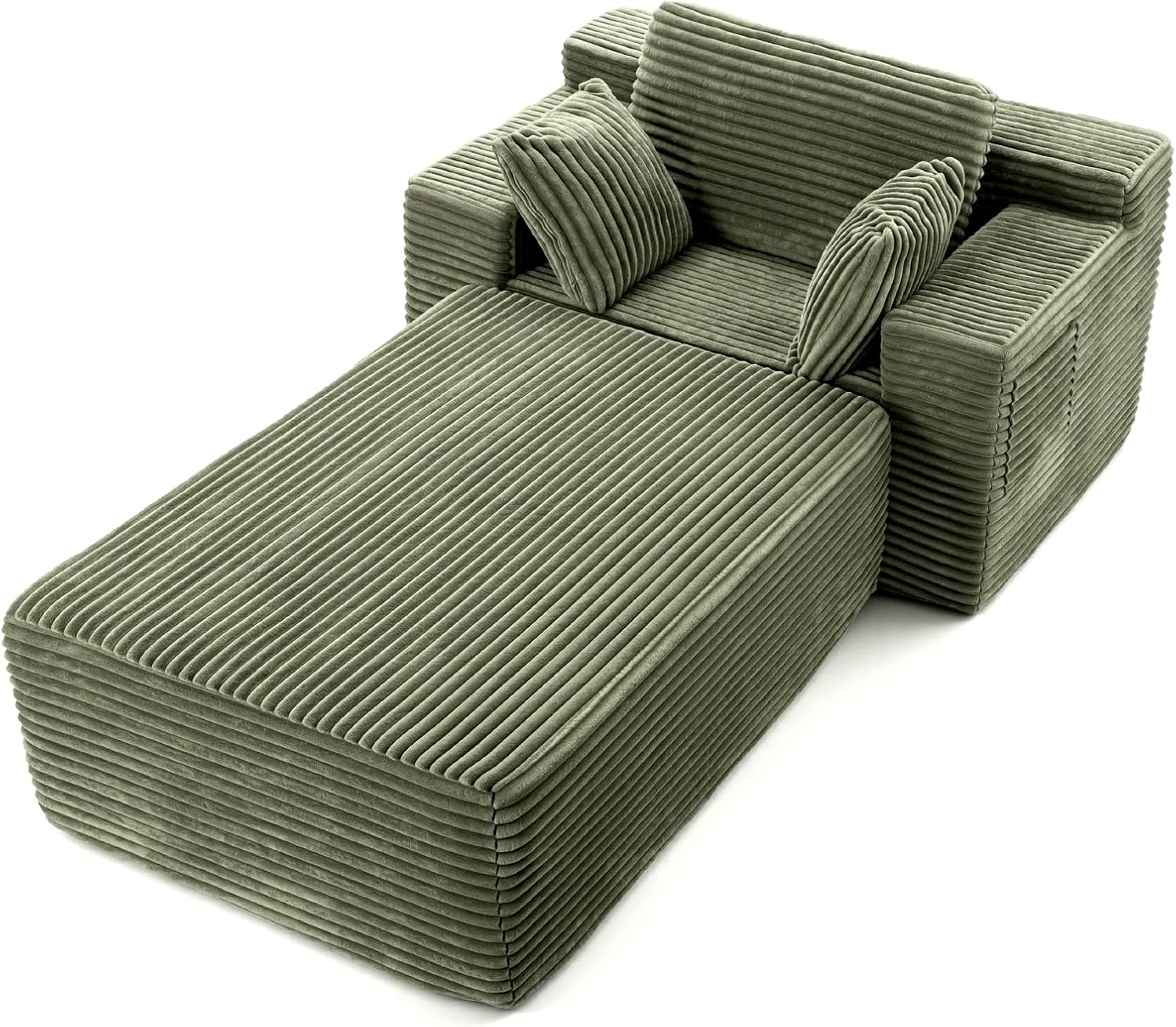 67' Oversized Chaise Lounge Chair Indoor with Ottoman and Double Side Pockets, Corduroy Deep Seat Couch, Boneless Couches for Living Room, No Assembly, Green