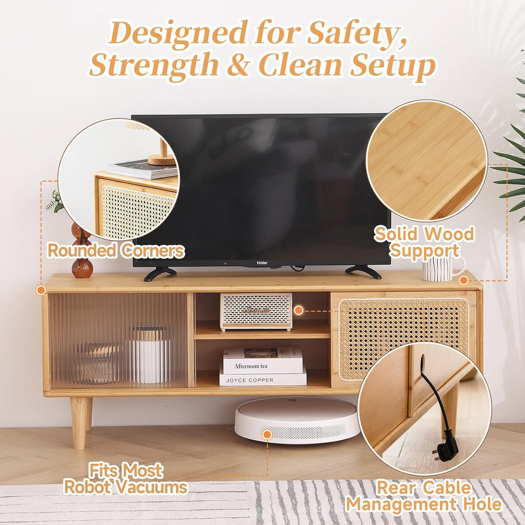 Tiita Rattan TV Stand for 55 Inch TV, Bamboo TV Cabinet with Adjustable Shelf and Storage, Boho Entertainment Center, Mid Century Modern Media Console for Bedroom, Living Room, Study (Natural)