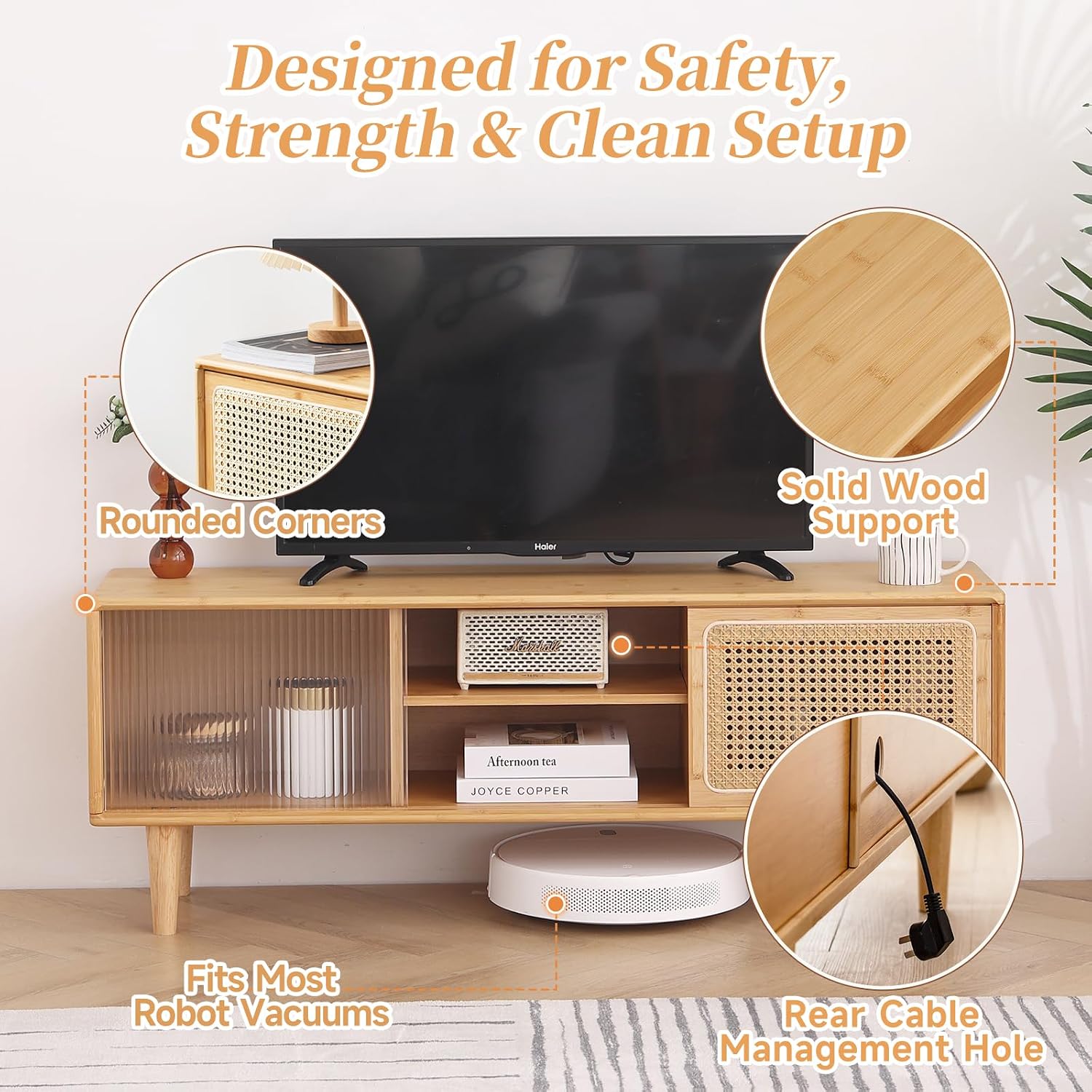 Tiita Rattan TV Stand for 55 Inch TV, Bamboo TV Cabinet with Adjustable Shelf and Storage, Boho Entertainment Center, Mid Century Modern Media Console for Bedroom, Living Room, Study (Natural)
