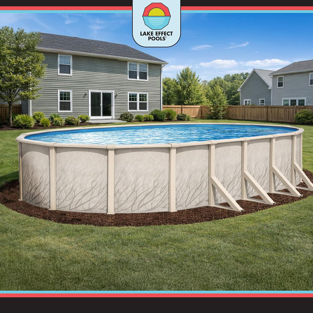 Lake Effect Pools 'Meadows Reprieve' 12 ft x 18 ft Oval Above Ground Swimming Pool Bundle | 52 Inch Steel Sided Walls | Kit Includes: 25 Gauge Liner, A-Frame Ladder, Sand Filter/Pump, & Skimmer