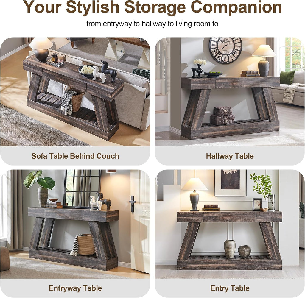 60' Farmhouse Entryway Table with Drawer, Entry Table with Storage, Sofa Table for Living Room, Behind Couch, Sofa(Dark Rustic Oak)