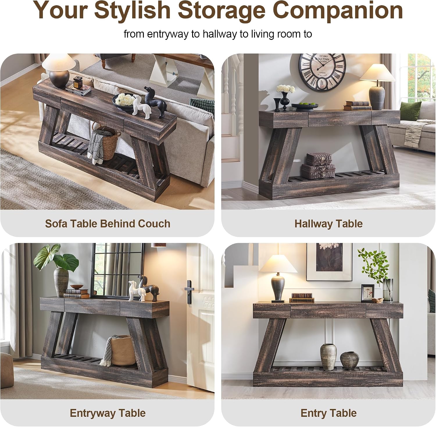 60' Farmhouse Entryway Table with Drawer, Entry Table with Storage, Sofa Table for Living Room, Behind Couch, Sofa(Dark Rustic Oak)