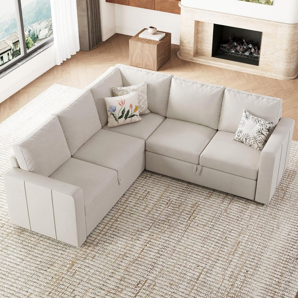 Belffin Modular Sectional Sleeper Sofa with Pull Out Couch, L Shaped Sleeper Pull Out Bed, Convertible Sectional Couches for Living Room, Beige