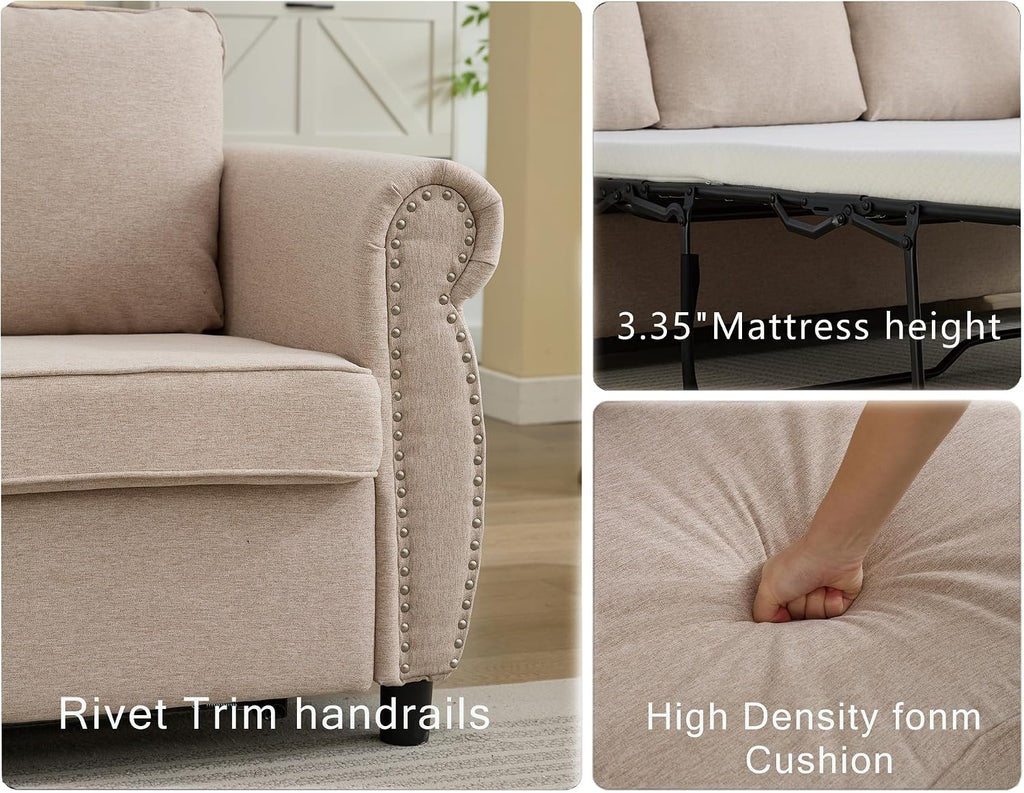 81.5'' Pull Out Couch Queen Size, Convertible Sleeper Sofa Bed, Upholstered Linen 3-Seater Sofa with Pull Out Bed, Mattress, Rivet, Deep Couches for Living Room, Apartment, Beige