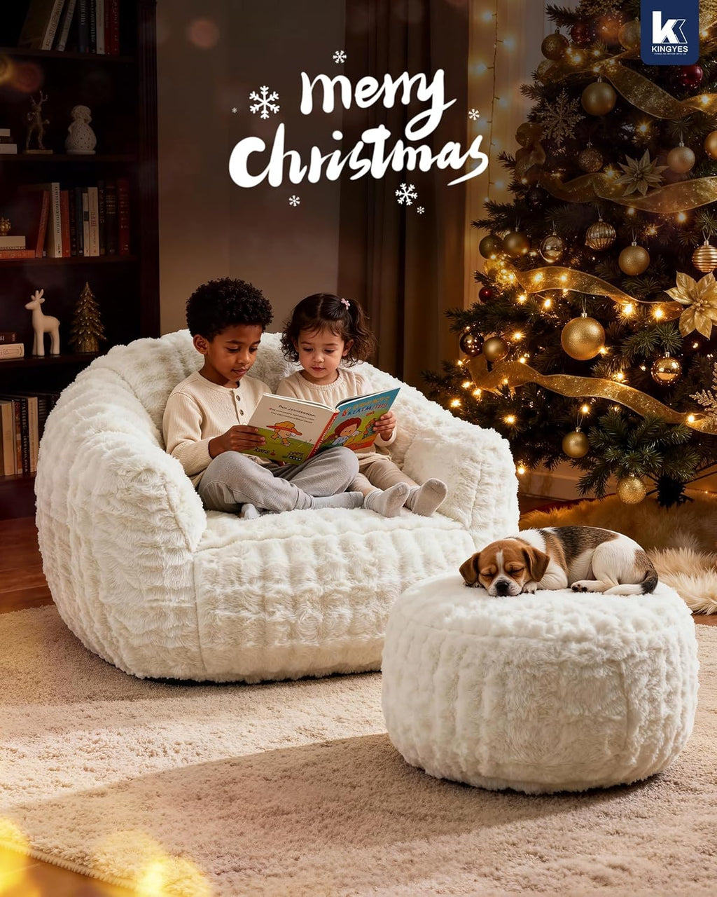 KINGYES Giant Bean Bag Chair, Fluffy Bean Bag Chair with Armrest, Memory Foam Beanbag for Adults, Beige(Pillow not Included)