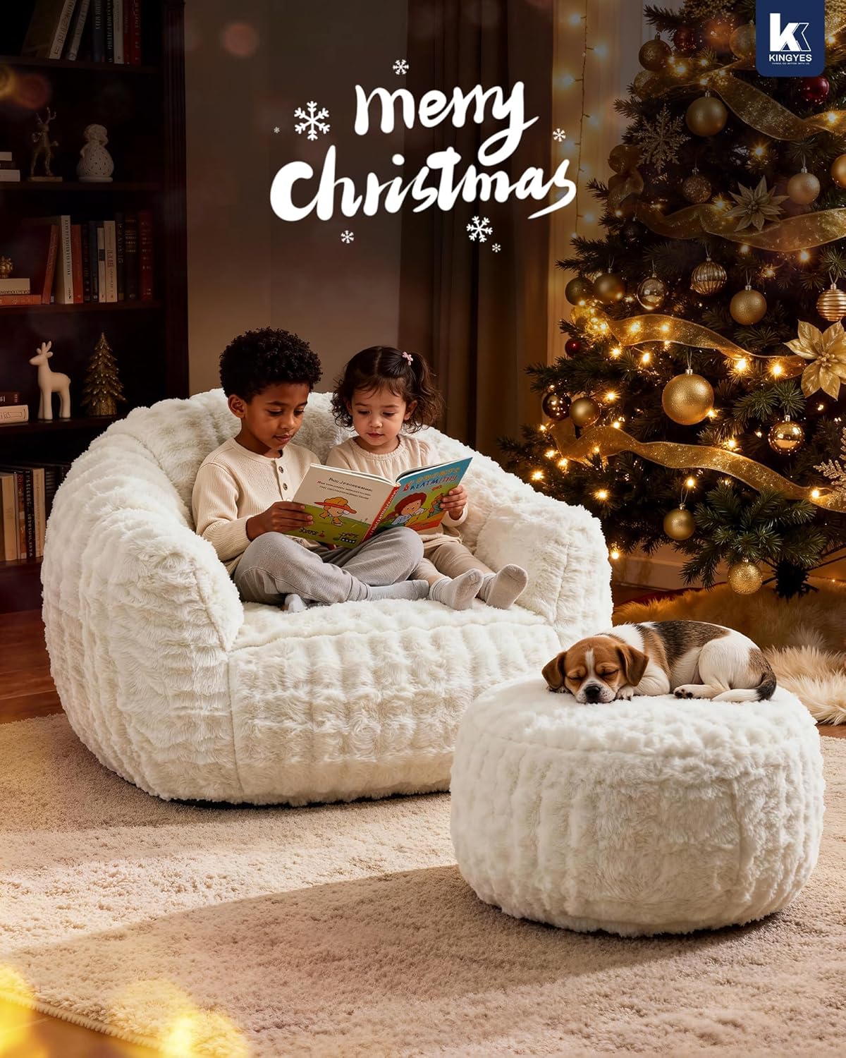 KINGYES Giant Bean Bag Chair, Fluffy Bean Bag Chair with Armrest, Memory Foam Beanbag for Adults, Beige(Pillow not Included)