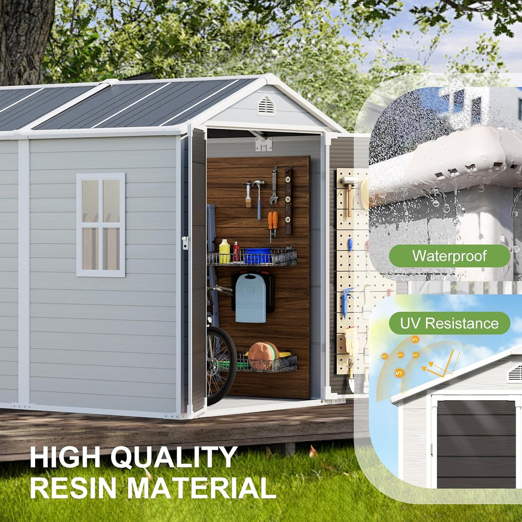 8x6 FT Storage Shed, Large Waterproof Resin Outdoor Sheds with Floor & Lockable Door & Window & Vents, Plastic Tool Shed for Outside, Garden, Poolside, Dove Grey