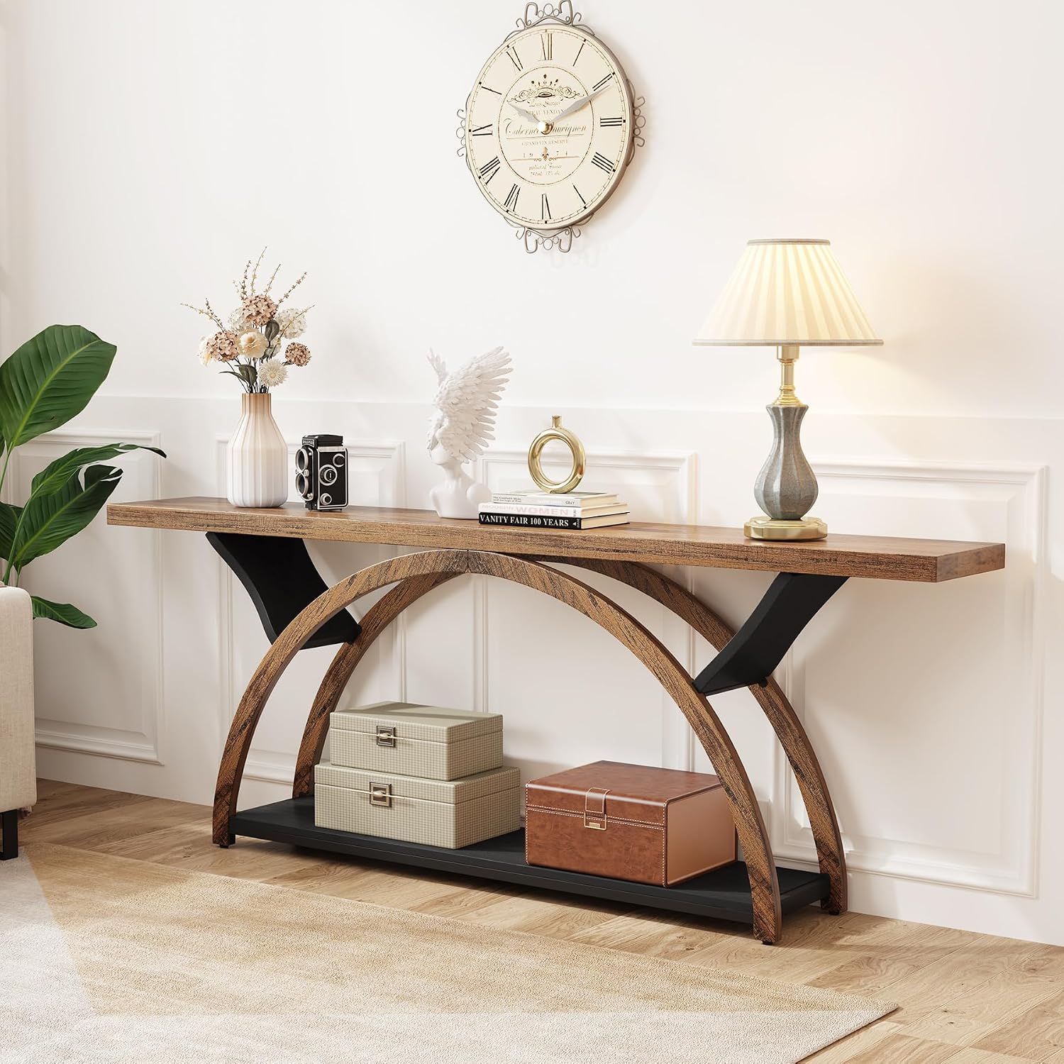Tribesigns 70.87' Console Table with Storage Shelf, Narrow Long Sofa Table Behind Couch Table, 2-Tier Rustic Entryway Table with Half Moon Frame for Hallway Living Room (Brown & Black)