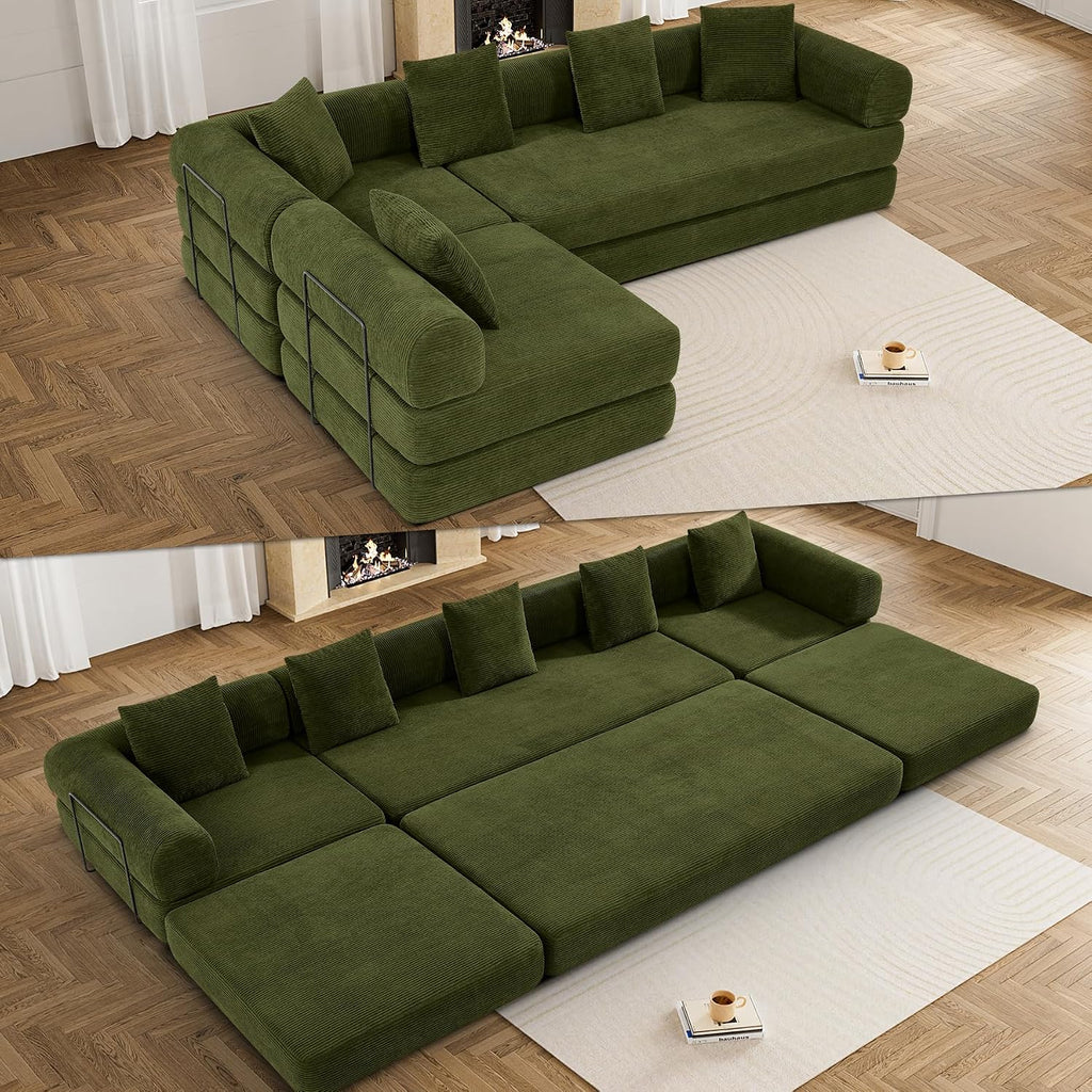 DAMAIFROM Convertible Sleeper Sofa Bed with Cylindrical Pillow,Corduroy Folding Mattress Couch with Fixed-Shape Frame,Modular Floor Sofa Lounge Couch for Living Room Bedroom Lounge,158.6',Olive Green