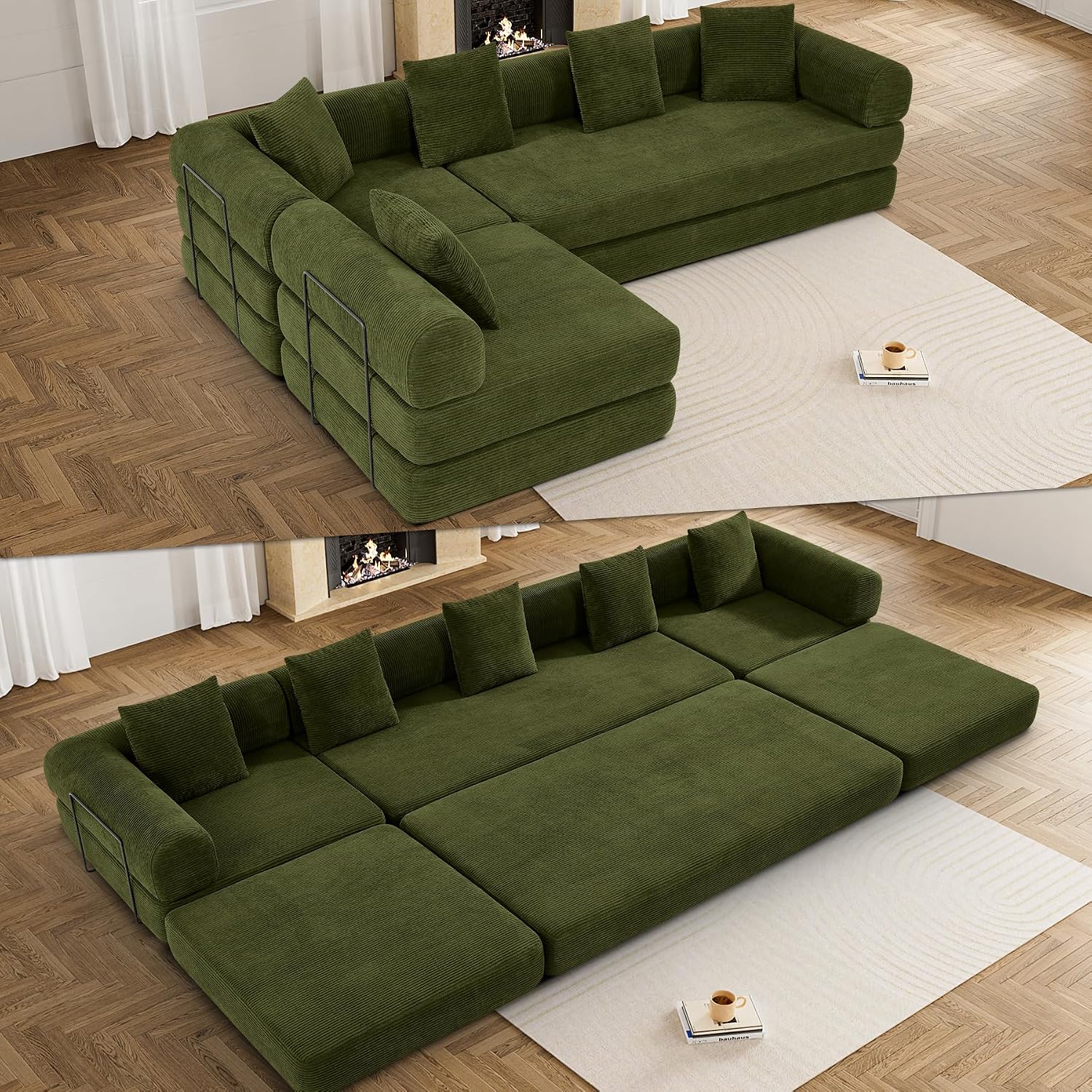 DAMAIFROM Convertible Sleeper Sofa Bed with Cylindrical Pillow,Corduroy Folding Mattress Couch with Fixed-Shape Frame,Modular Floor Sofa Lounge Couch for Living Room Bedroom Lounge,158.6',Olive Green