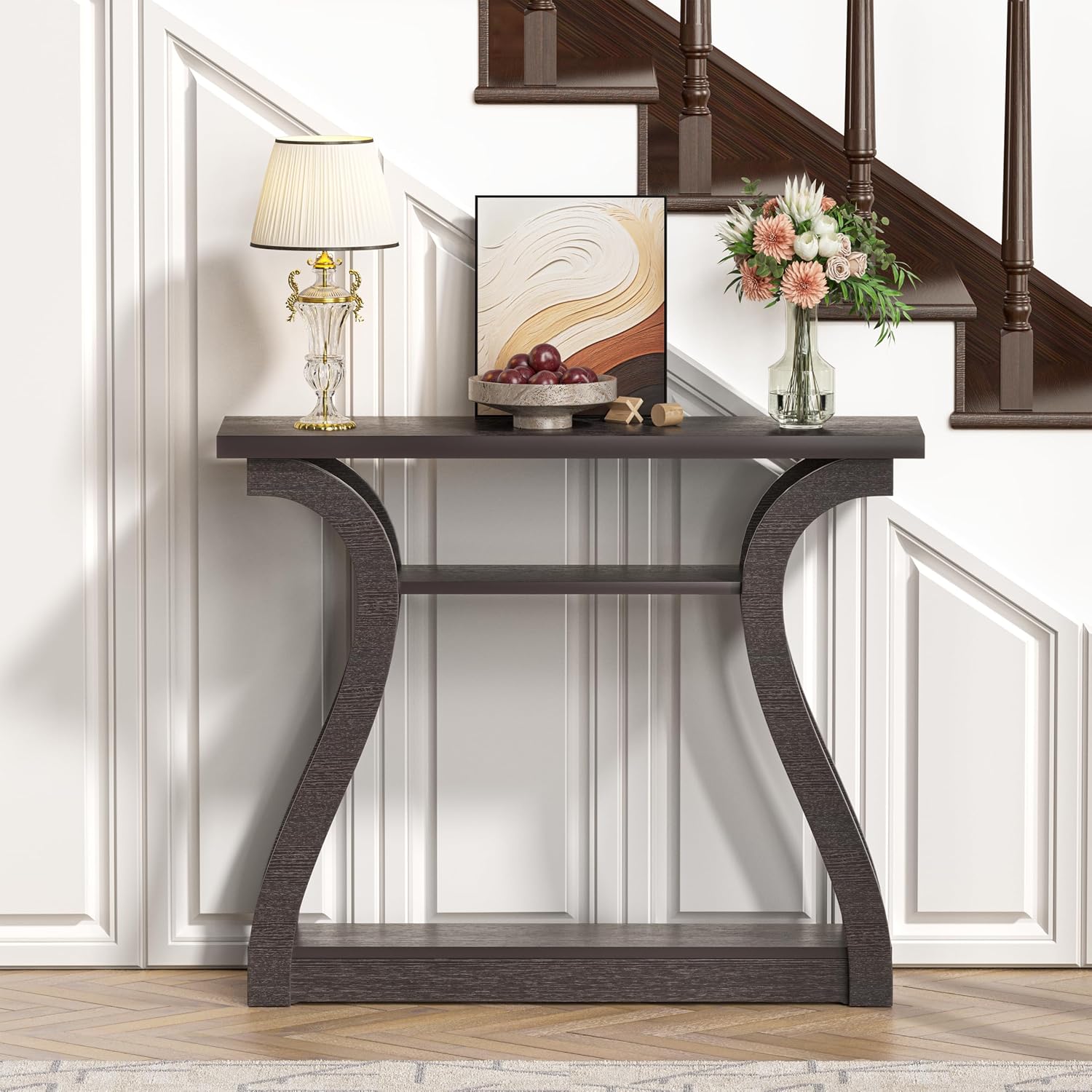 47' Wood Console Table for Entryway, Narrow Sofa Table with 3-Tier Shelves, Curved Legs Farmhouse Hallway Table, Skinny Console Table Behind Couch, Rustic Wooden Entry Table for Living Room (Brown)