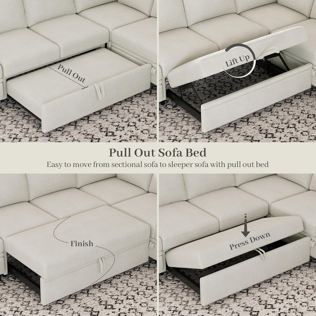 Belffin Large Modular Sectional Sleeper Sofa with Pull Out Bed Oversized U Shaped Sectional Couches for Living Room. White Couch