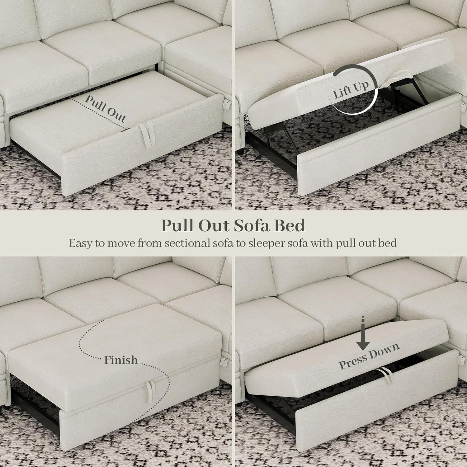 Belffin Large Modular Sectional Sleeper Sofa with Pull Out Bed Oversized U Shaped Sectional Couches for Living Room. White Couch