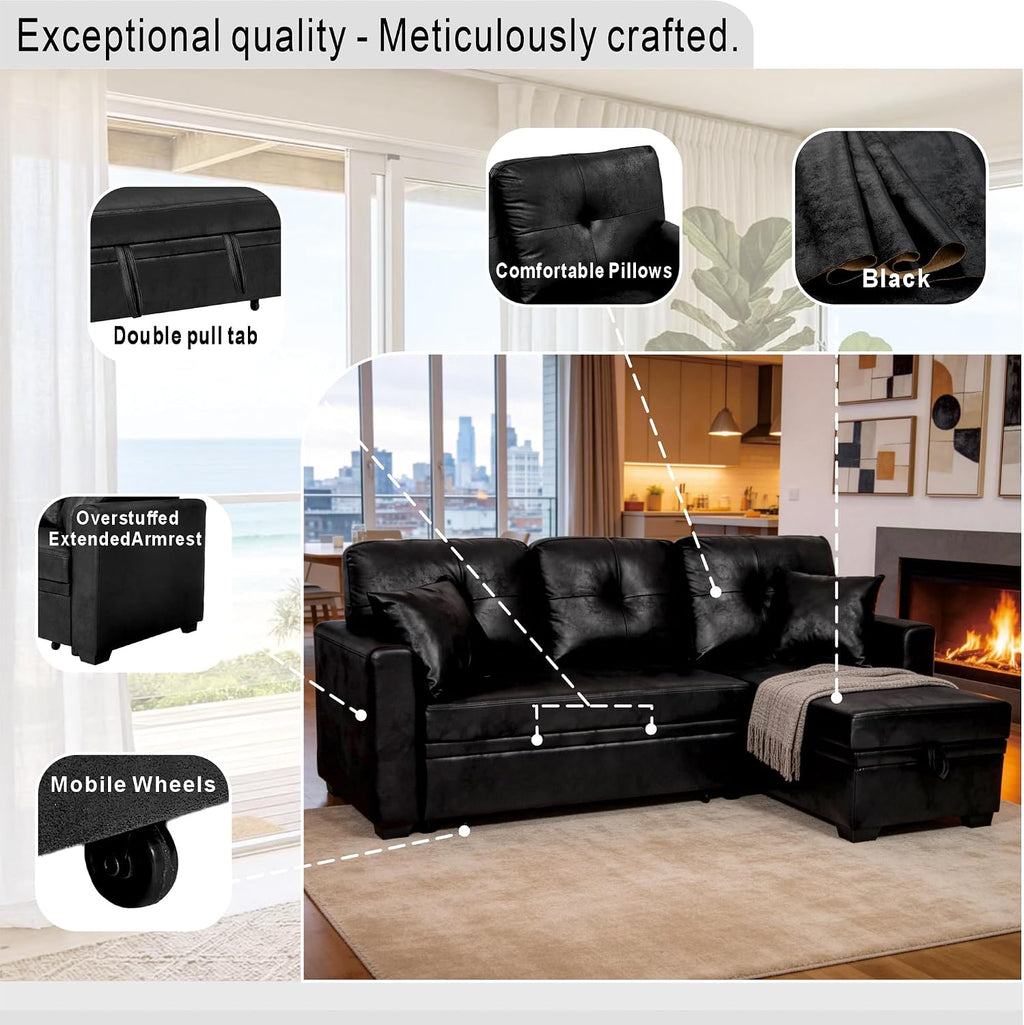 71' L-Shaped Couch with Pull Out Bed, Modern Sofa Bed Couch with Storage, Foil Fabric Convertible Sleeper Sofa, Multi-Functional Sectional Couches for Living Room, Apartment, Black