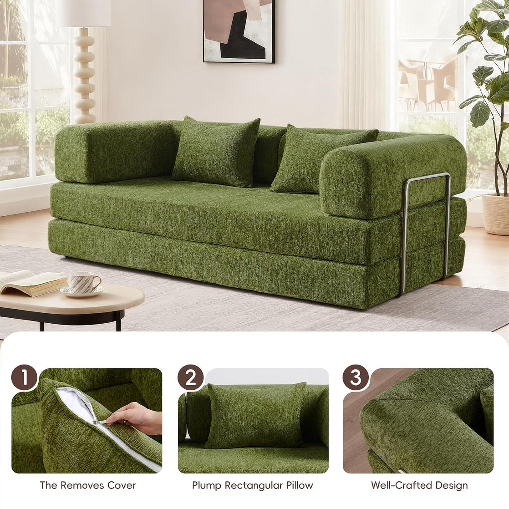 5-in-1 Convertible Folding Sofa Bed, 79' Queen Chenille Boneless Couch with Removable Armrests, No Assembly Loveseat Sleeper Sofa, Modular Futon Couch for Living Room & Bedroom, Green