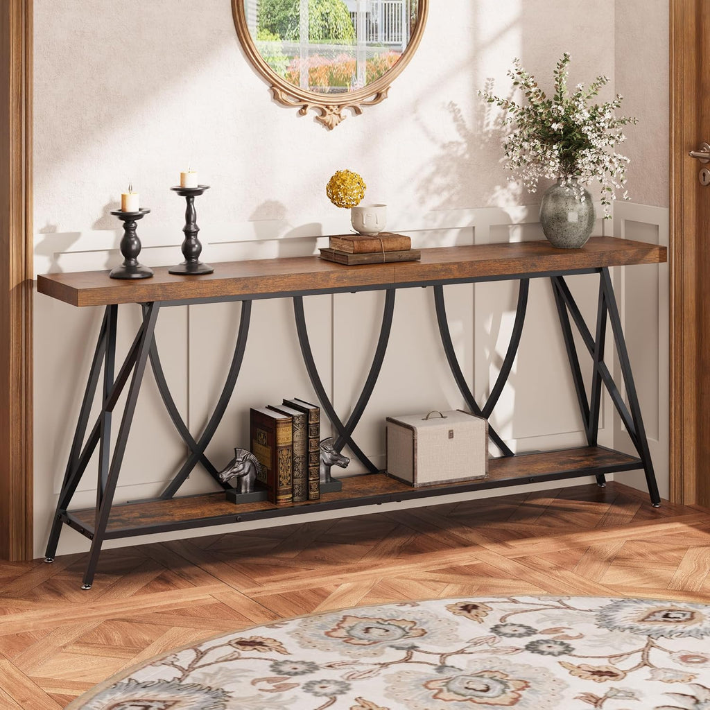 JUSTOGO 70.9' Narrow Console Table for Entryway, Industrial Long Sofa Table Behind Couch, Farmhouse Hallway Table with Storage for Living Room, Entrance, Foyer, Rustic Brown