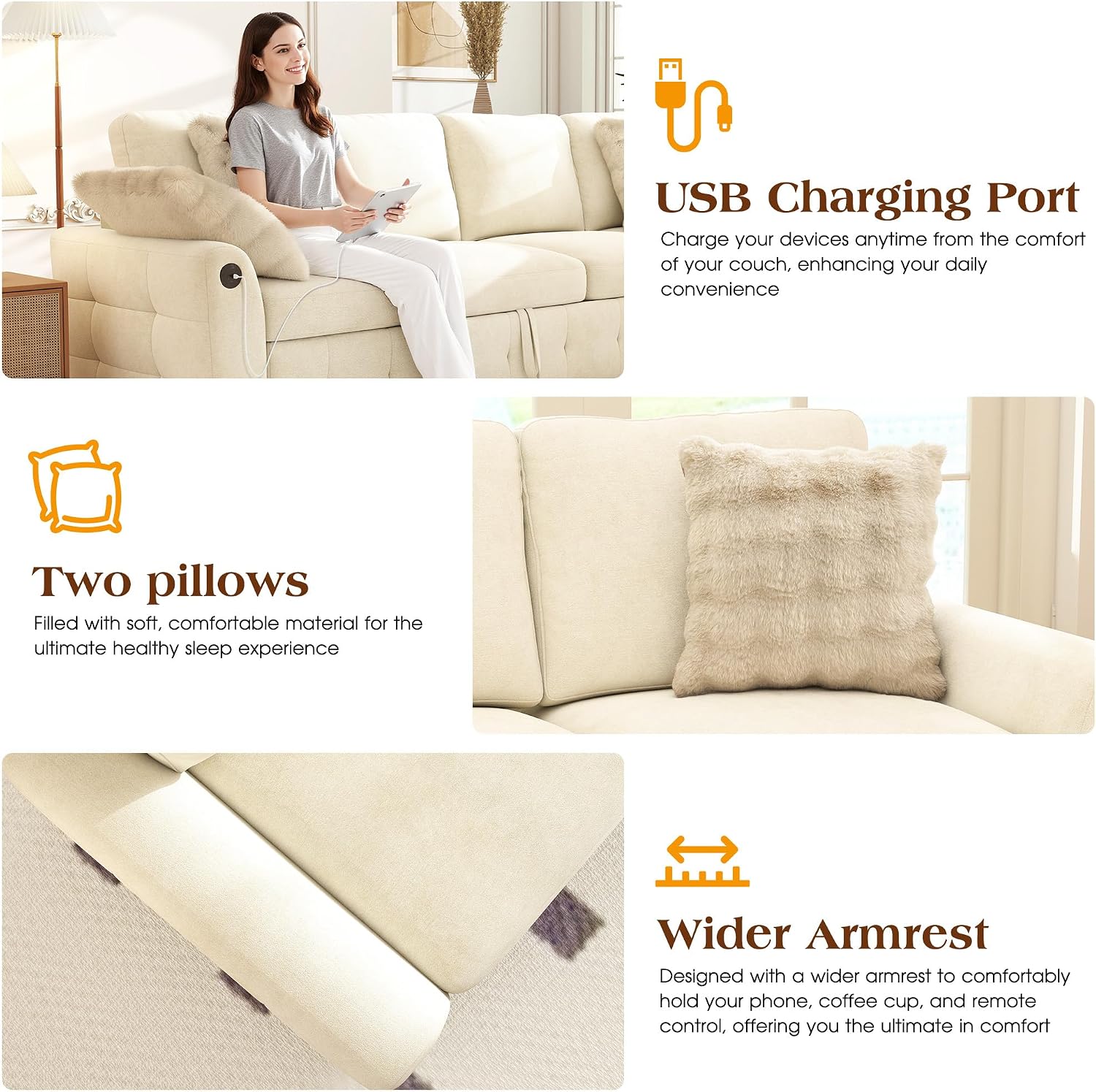 Ihanherry 59-inch Convertible Sofa Bed, Pull Out Sleeper with USB Port & Wide Armrests, 2-in-1 Chenille Fabric Loveseat with 2 Pillows, Space-Saving for Small Apartment, Living Room, Bedroom（Beige）
