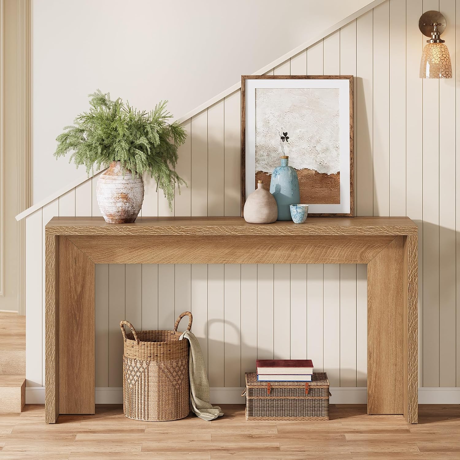 Tribesigns Farmhouse Console Table, 55-Inch Wooden Sofa Table with Storage for Entryway, Foyer, Hallway, Living Room, Easy Assembly (Light Oak Brown)
