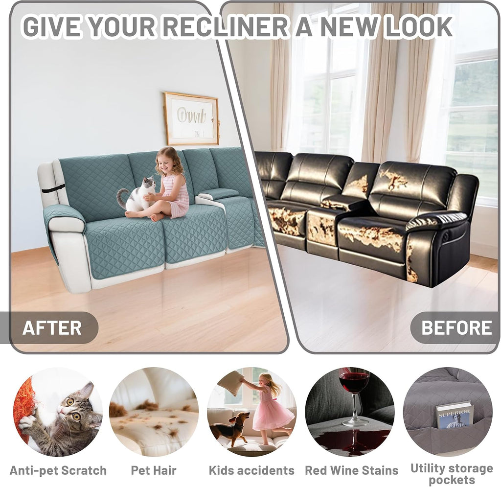 Waterproof Sectional Reclining Couch Covers L Shaped Recliner Sectional Sofa Cover 8 Piece Non Slip Washable Corner Recliner Slipcover Set for Pet Dog (5 Seater 1 Console Cover, Dusty Blue)