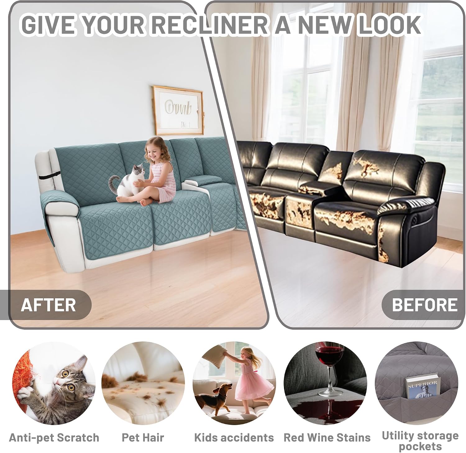 Waterproof Sectional Reclining Couch Covers L Shaped Recliner Sectional Sofa Cover 8 Piece Non Slip Washable Corner Recliner Slipcover Set for Pet Dog (5 Seater 1 Console Cover, Dusty Blue)