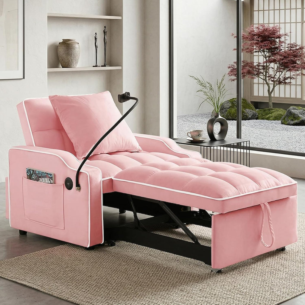 Majnesvon Modern Velvet Fabric Sofa Bed Futon,3 in 1 Convertible Pullout Bed Couches with 3 Reclining Backrests,Phone Stand,Small Sofa Single Sleeper Chair Bed for Living Room Bedroom (Pink)