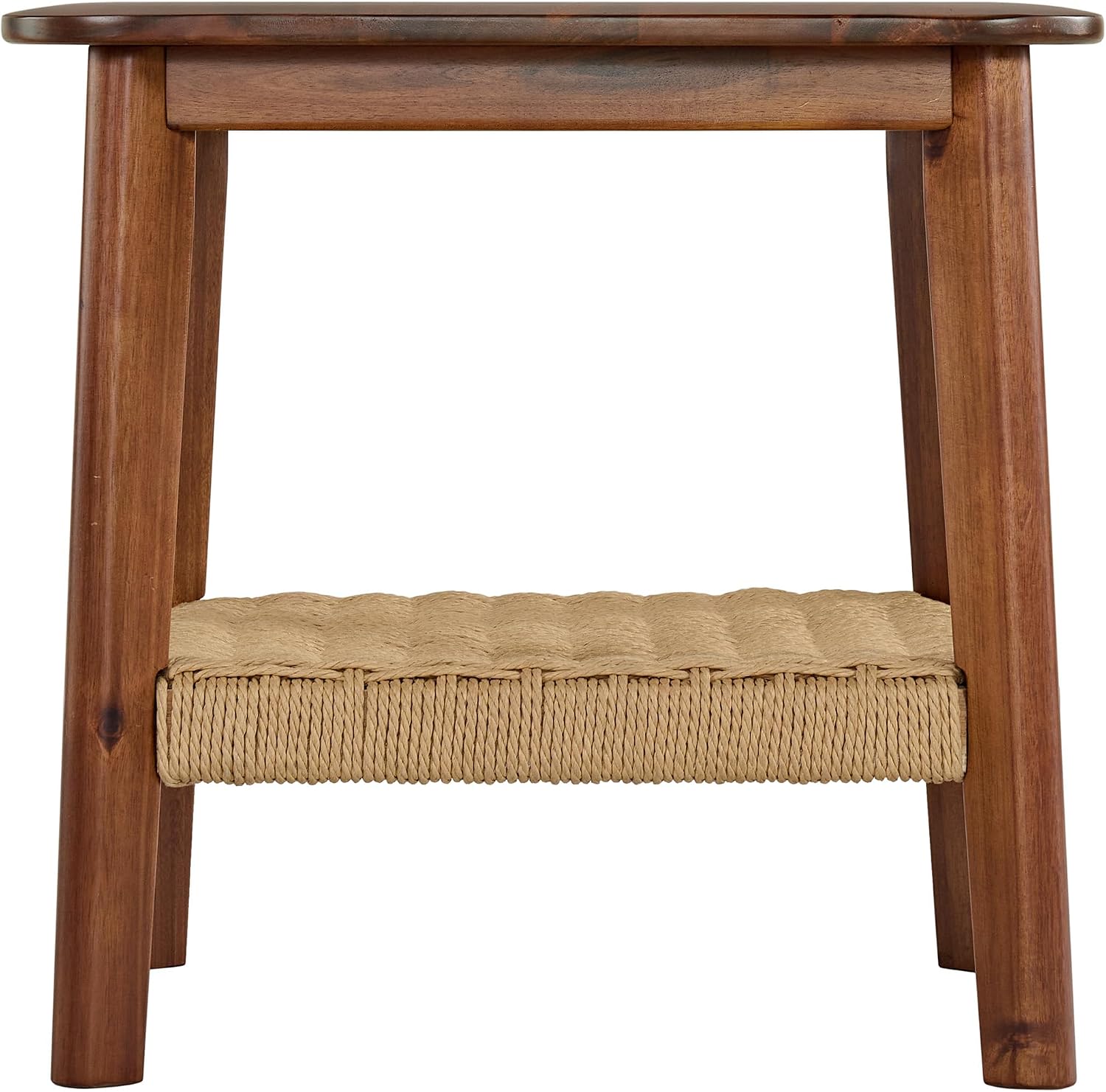 Alaterre Furniture Calais 2-Tier Solid Wood End Table with Woven Storage Shelf – Mid Century Modern Nightstand or Side Table for Living Room, or Bedroom (Chestnut)