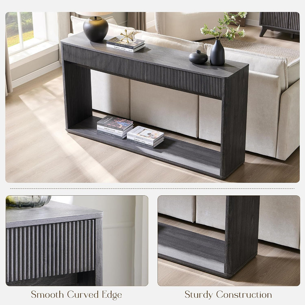 OKD 63' Fluted Console Table for Entryway, Modern Entryway Table with 2 Large Drawers, Long Sofa Table Behind Couch for Living Room, Hallway, Couch, Foyer，Dark Alder