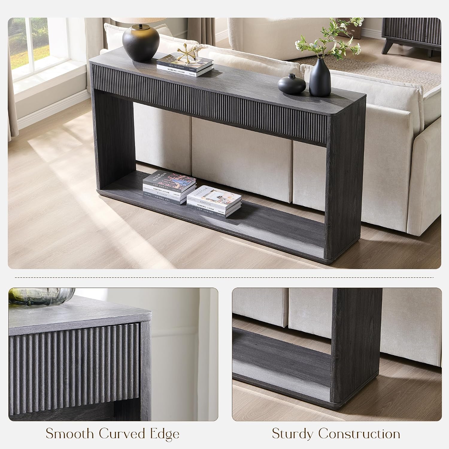OKD 63' Fluted Console Table for Entryway, Modern Entryway Table with 2 Large Drawers, Long Sofa Table Behind Couch for Living Room, Hallway, Couch, Foyer，Dark Alder
