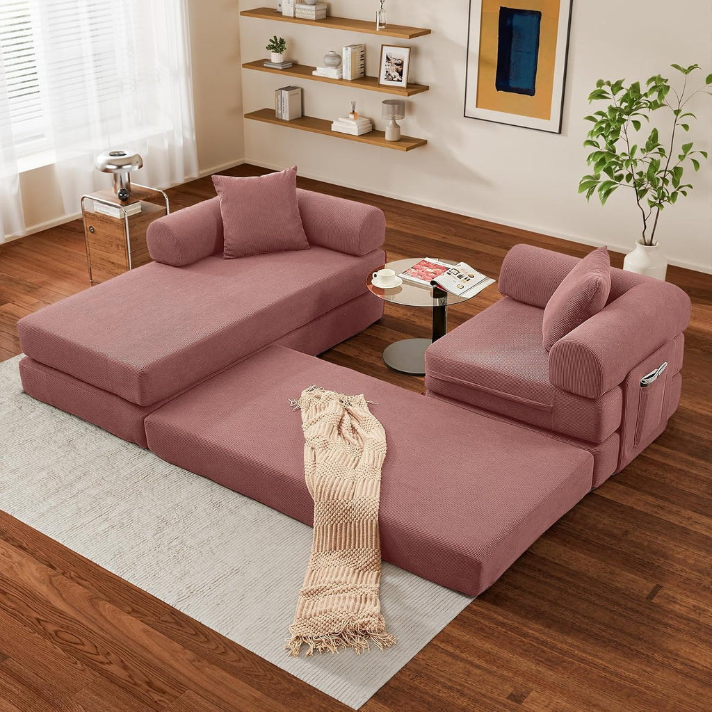 Modular L Shaped Sofa Bed with Cylindrical Pillow & Reversible Chaise, Corduroy Convertible Floor Boneless Sofa Couch Bed with Fixed-Shape Frame & Storage Pocket for Living Room, Pink