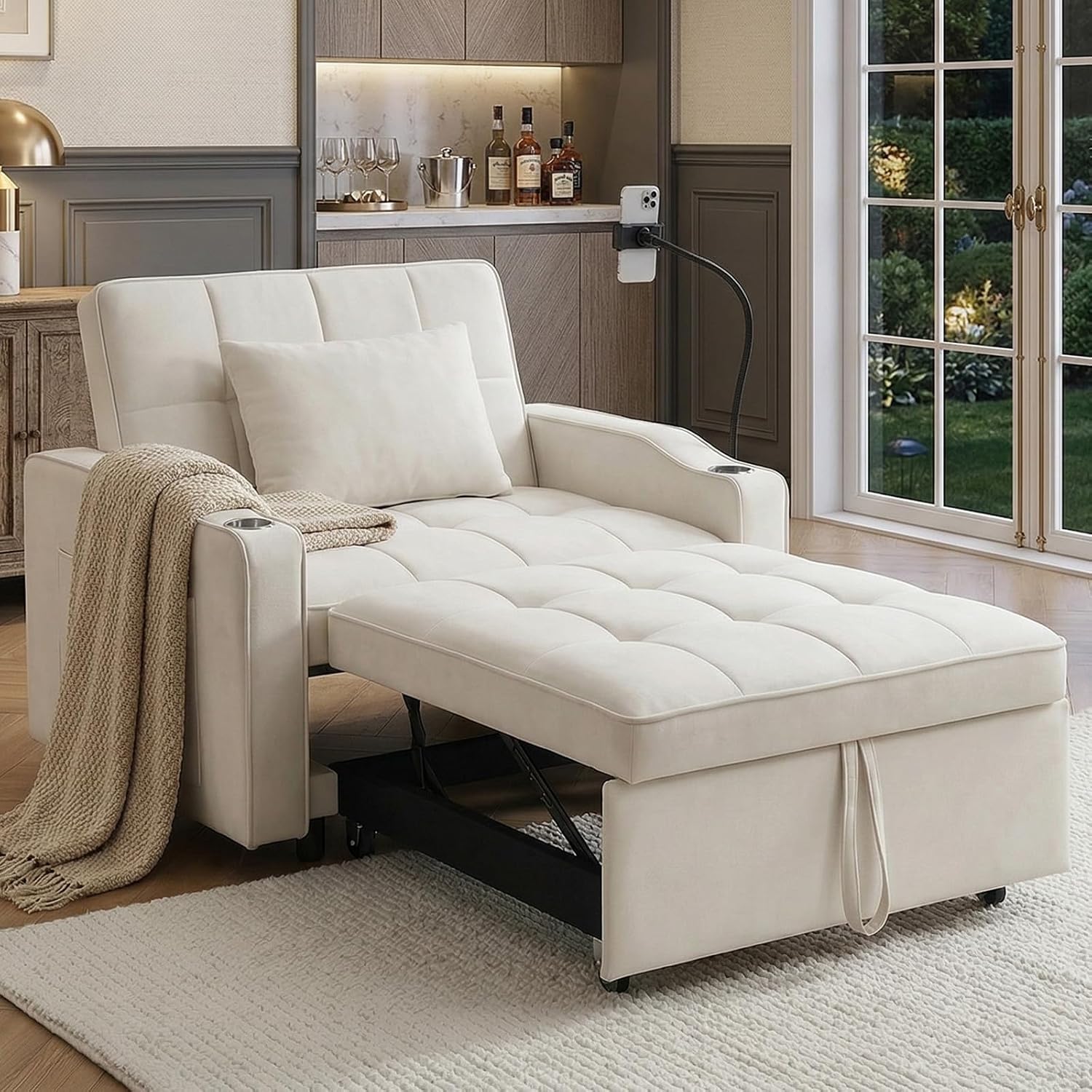 Majnesvon Modern Velvet Fabric Sofa Bed Futon,3 in 1 Convertible Pullout Bed Couches with 3 Reclining Backrests,Phone Stand,Small Sofa Single Sleeper Chair Bed for Living Room Bedroom (Beige)