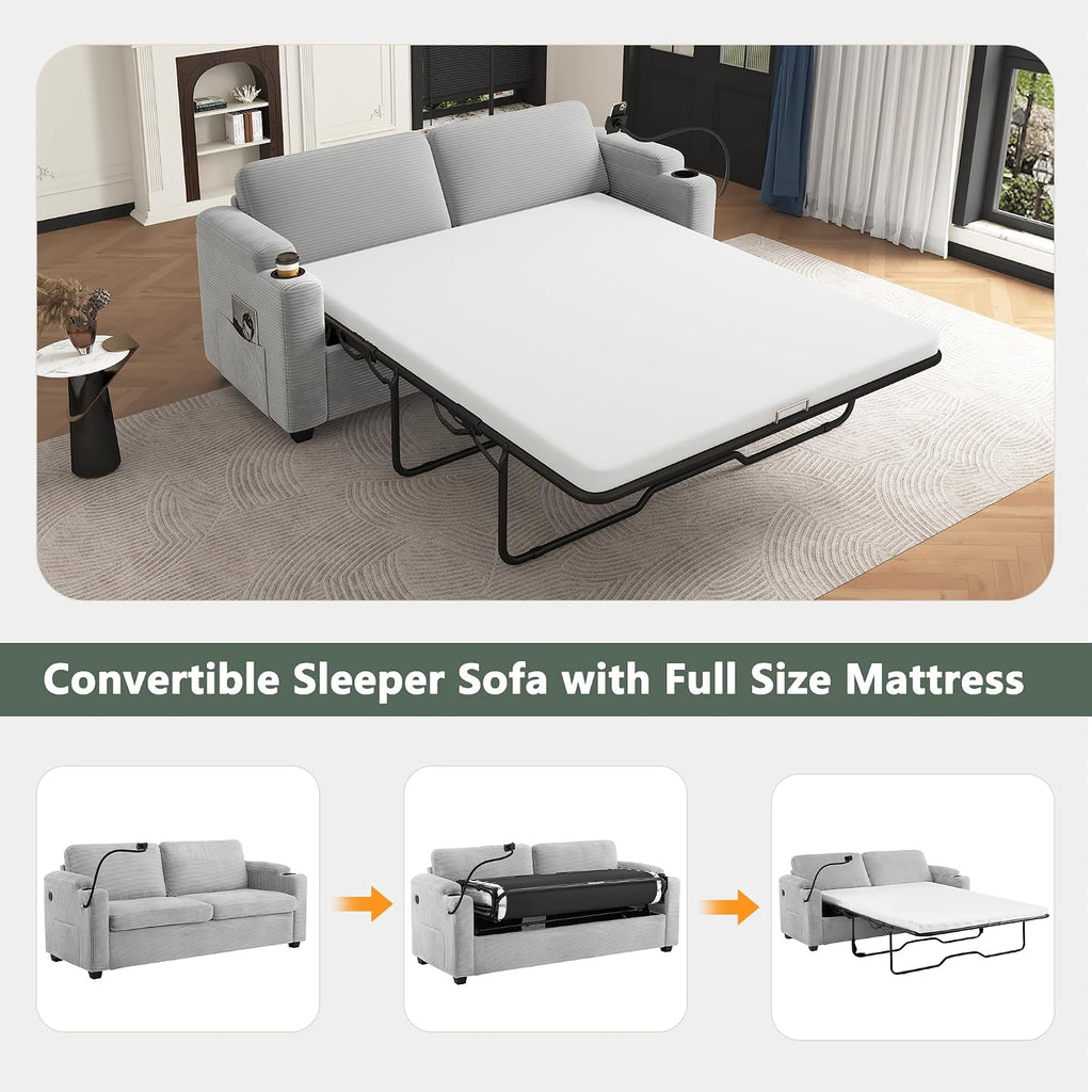Merax 72.8' Corduroy Sleeper Sofa Bed with Full Size Mattress, Futon Couches with USB Ports | Phone & Cup Holders| Side Pockets,Pull Out Couch for Living Room, Small Loveseat, Grey